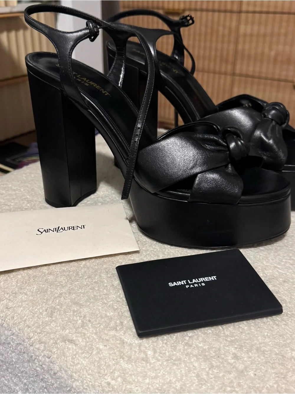 Saint Laurent Black Leather Knotted Platform Slingback Sandals - Picture 2 of 7